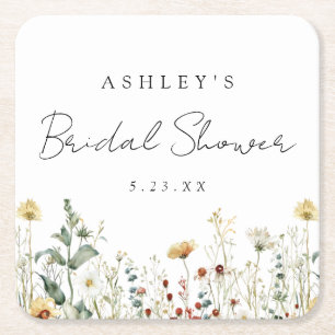 Summer Wildflower Field Bridal Shower Square Paper Coaster
