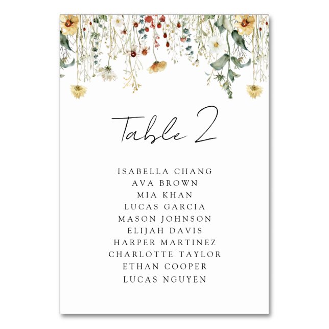 Summer Wildflower Field Wedding Table Number (Front)