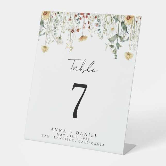 Summer Wildflower Field Wedding Table Number Pedestal Sign (Front)
