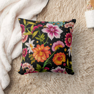 Summer Wildflower Floral Art Black Throw Pillow