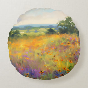 Summer Wildflower Valley Landscape Bloom Art Round Cushion