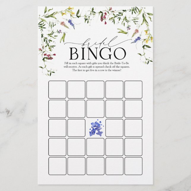 Summer Wildflower Watercolor Bridal Bingo Game (Front)