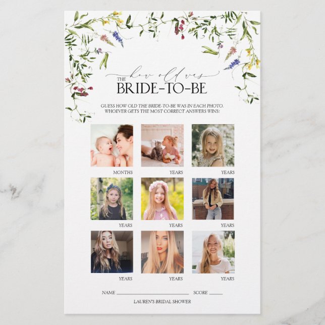 Summer Wildflower Watercolor Bridal Shower Game (Front)