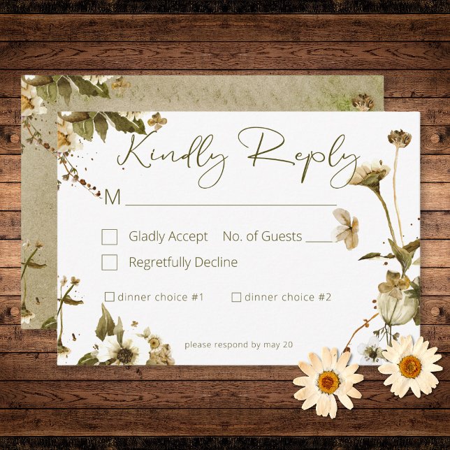 Summer Wildflowers & Daisies Wedding Two Dinner RSVP Card (Summer Wildflowers & Daisies Wedding Two Dinner RSVP Card)
