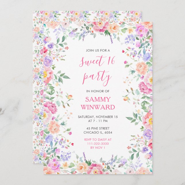 Summer Wildflowers Floral Sweet Sixteen Invitation (Front/Back)