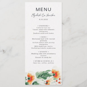 Summer wildflowers orange green floral wedding menu