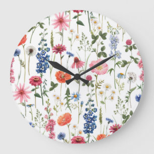 Summer wildflowers, watercolor seamless pattern. large clock