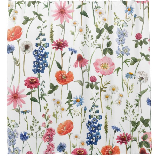 Summer wildflowers, watercolor seamless pattern. shower curtain (Front)
