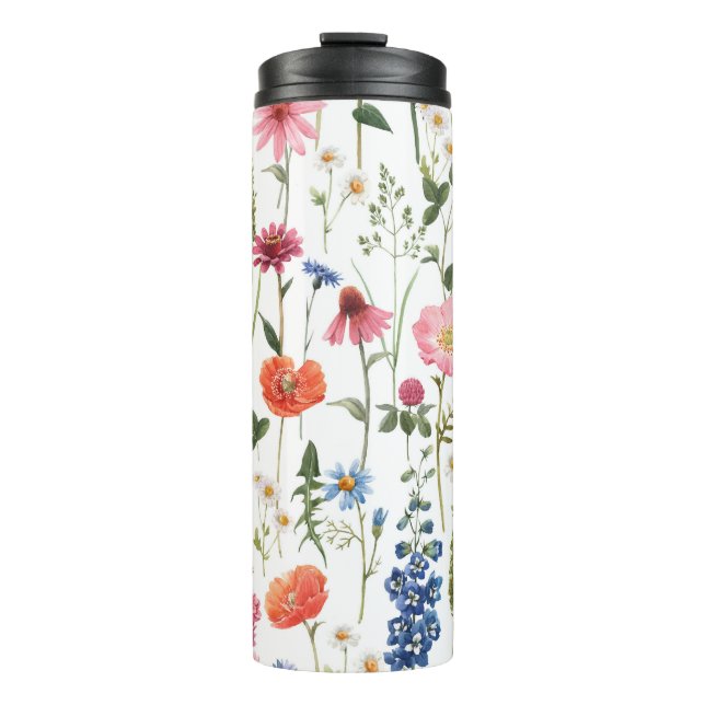 Summer wildflowers, watercolor seamless pattern. thermal tumbler (Front)