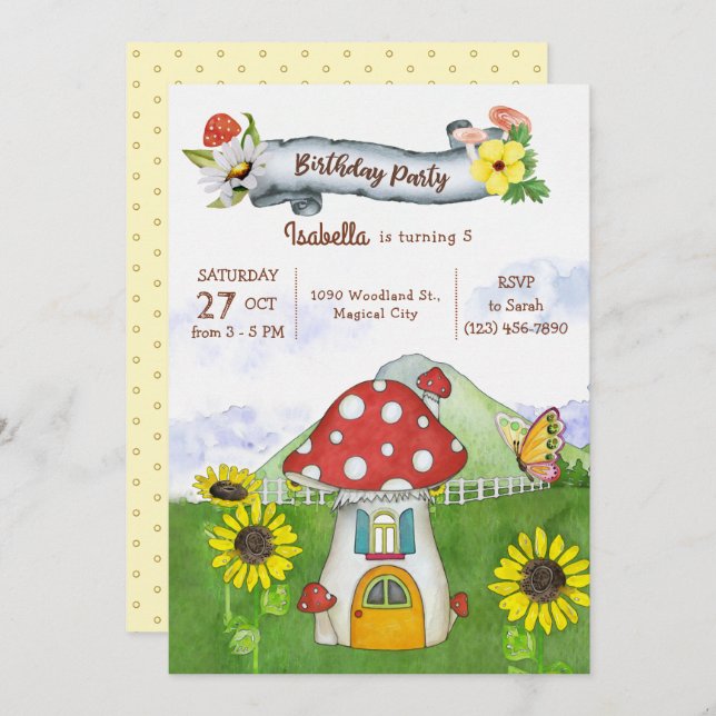 Summer Woodland Mushroom House Whimsical Birthday Invitation (Front/Back)