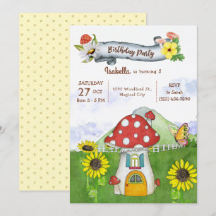 Summer Woodland Mushroom House Whimsical Birthday Invitation