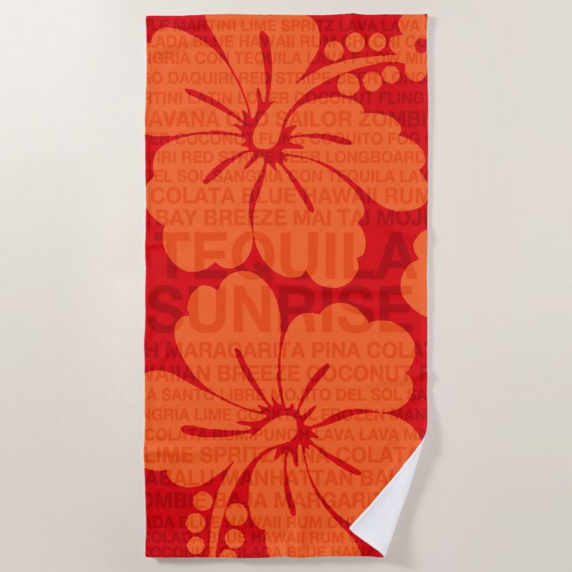 Summer Words Cocktails and Hibiscus - Red Beach Towel (Front)