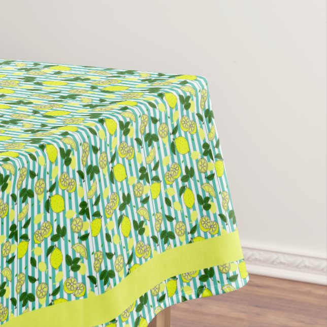 Summer Yellow and Seafoam Blue Lemon Fruit Striped Tablecloth (In Situ)
