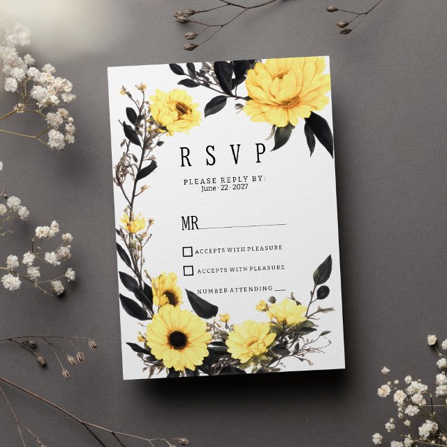 Summer yellow dark grey daisy floral RSVP Invitation (Summer yellow dark gray daisy floral RSVP )