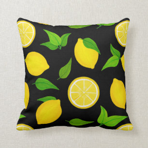 Summer Yellow Lemons Pattern on Black Cushion