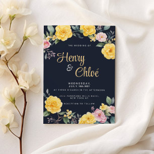 Summer yellow pink mint navy blue peonies Wedding Invitation