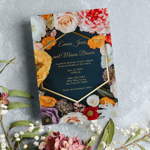 Summer yellow pink navy blue gold floral Wedding Invitation