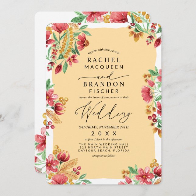 Summer Yellow Pink Red Floral Watercolor Wedding Invitation (Front/Back)