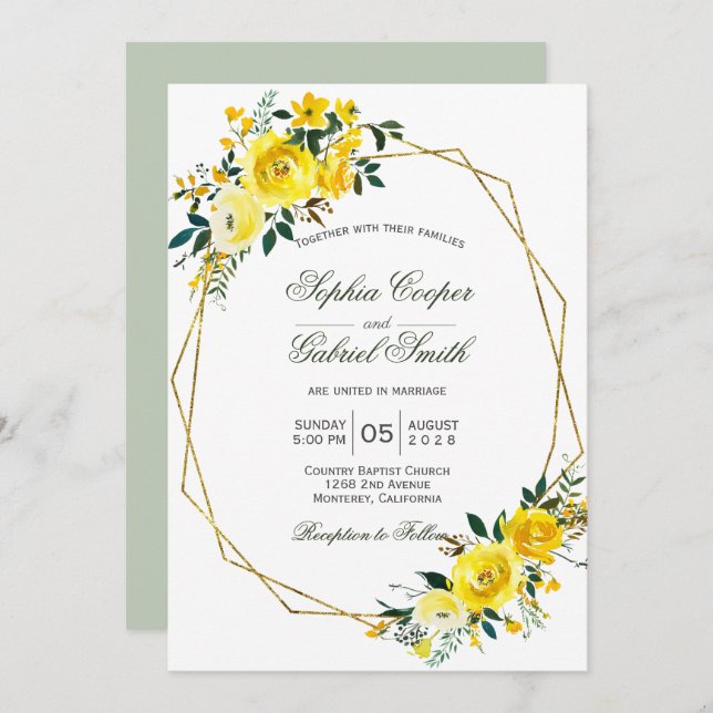 Summer yellow rose floral gold frame wedding invitation (Front/Back)