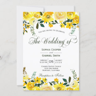 Summer yellow rose floral hand lettered wedding invitation