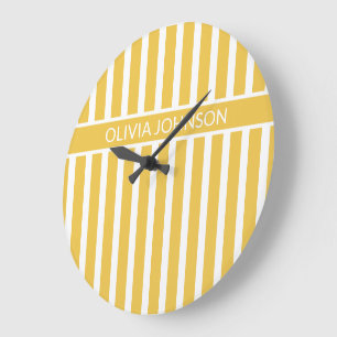 Summer Yellow Striped Customisable Name  Large Clock
