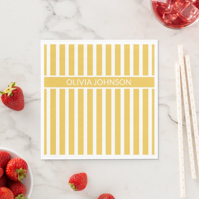 Summer Yellow Striped Customisable Name  Napkin (Insitu)