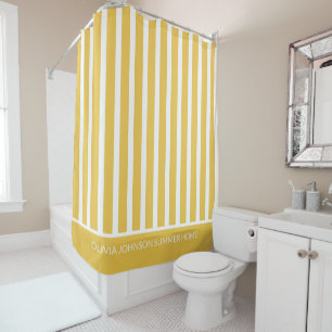 Summer Yellow Striped Customisable Name Shower Curtain