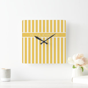 Summer Yellow Striped Customisable Name Square Wall Clock