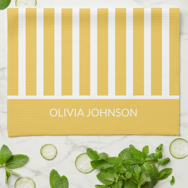 Summer Yellow Striped Customisable Name  Tea Towel (Folded)