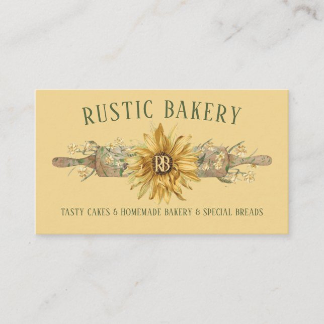 Summer Yellow Wood Rolling Pin Sunflower Bakery Business Card (Front)