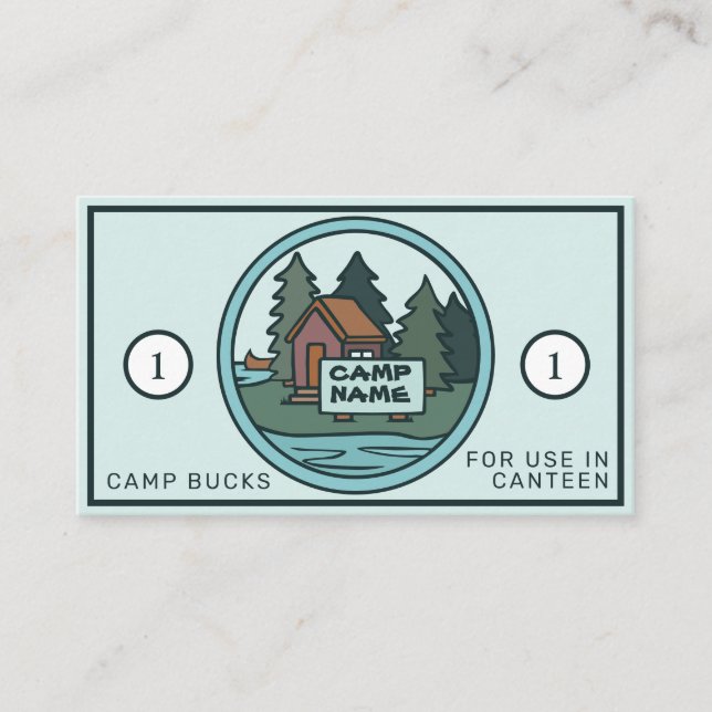 Summer youth camp bucks cabin island w/custom sign business card (Front)
