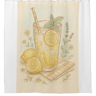 Summer's Sweetest Sip Pastel Lemonade Illustration Shower Curtain
