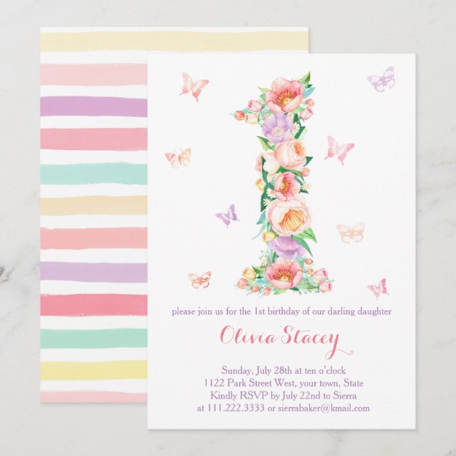 Summertime 1st Birthday with Pastel Butterflies Invitation (Front/Back)