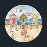 Summertime at the Shore Beach Water   Round Clock<br><div class="desc">Enjoy this fun and colourful beach cabin scene -- relax and be there whenever you wish. Just add your monogram to the beach bag or delete and you can decide to change "summer days" to your own personal theme. Any design questions, just send an email to charmdesignstudio@rcn.com and we'll be...</div>