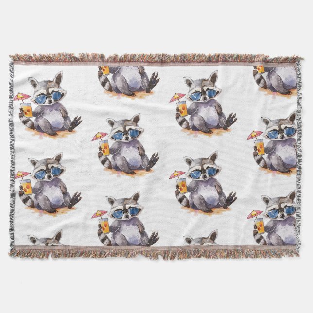 Summertime beach racoon watercolor throw blanket (Front)