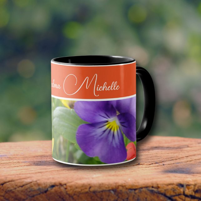 Summertime Flowers Photo Mug (Summer colors of orange, yellow, purple, and green. A happy morning mug)
