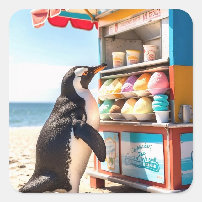Summertime Penguin At Ice Cream Stand Square Sticker (Front)
