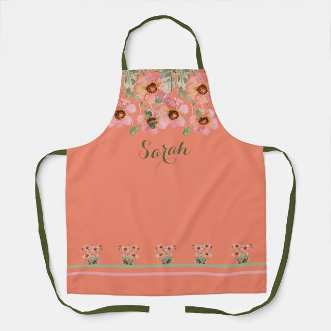 Summertime Personalised Name Orange Floral Apron (Front)