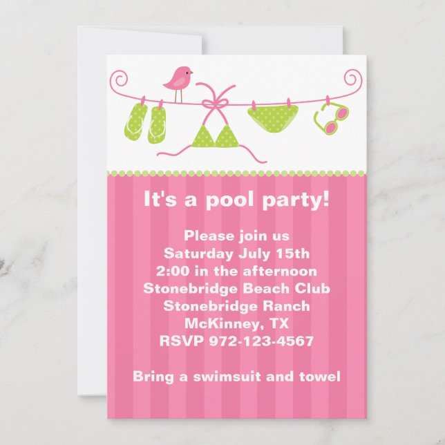 Summertime Pink and Green Bathing Suit Invitation (Front)