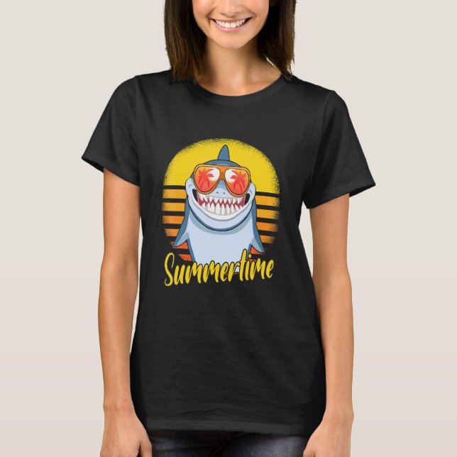 Summertime Shark Retro Sunset Beach Vacation Shark T-Shirt (Front)