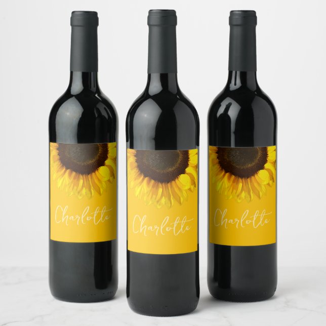 Summertime Yellow Sunflower Customisable Name      Wine Label (Bottles)
