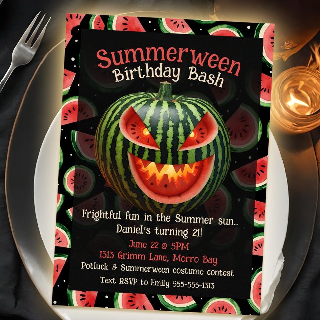 Summerween Birthday Party Spooky Summer Watermelon Invitation (Unique summer birthday party theme with summerween watermelon jack o lantern)
