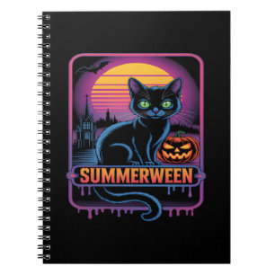 Summerween Black Cat Pumpkin Retro Halloween Art Notebook