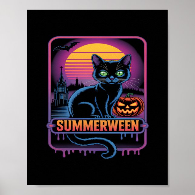 Summerween Black Cat Pumpkin Retro Halloween Art Poster (Front)