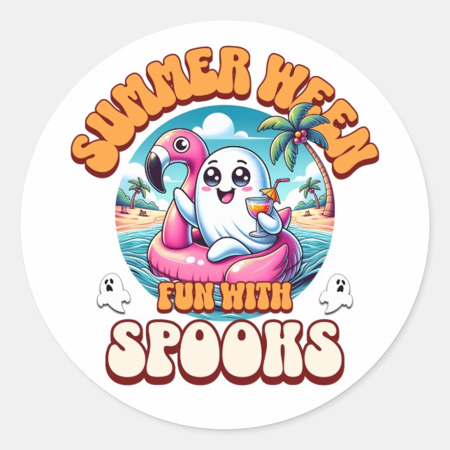 Summerween Cute Ghost Flamingo Float Beach Party Classic Round Sticker (Front)