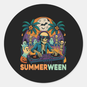 Summerween Dj Skeleton Beach Party Halloween Music Classic Round Sticker