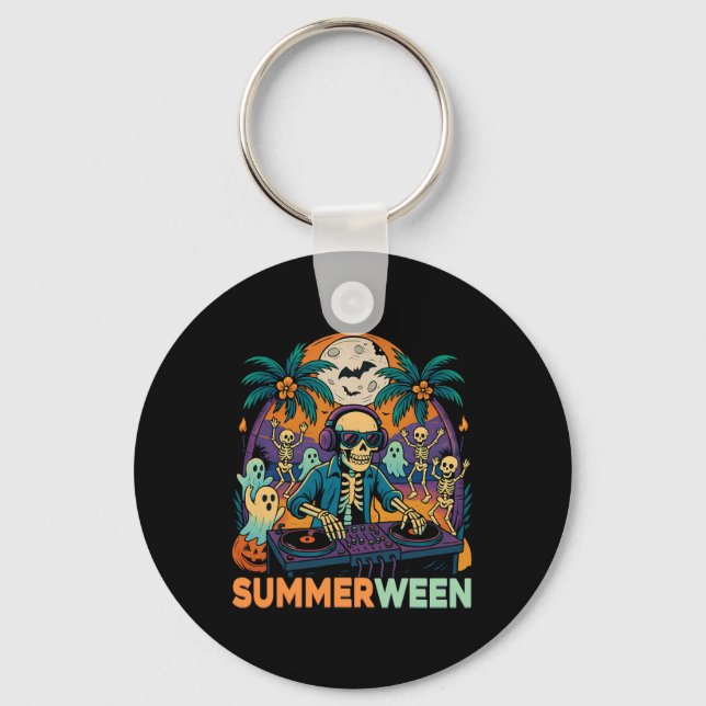 Summerween Dj Skeleton Beach Party Halloween Music Key Ring (Front)
