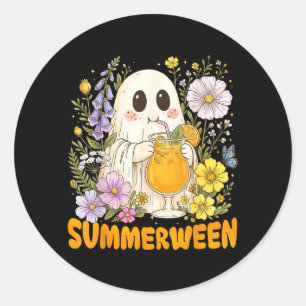 Summerween Funny Ghost Floral Halloween Summer Classic Round Sticker