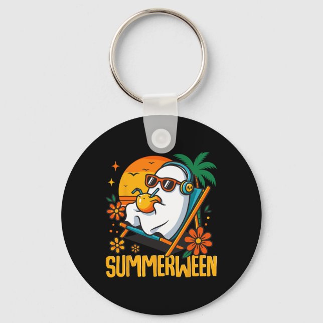Summerween Funny Ghost Halloween Summer Beach Vibe Key Ring (Front)