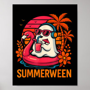 Summerween Funny Ghost Halloween Summer Flamingo B Poster